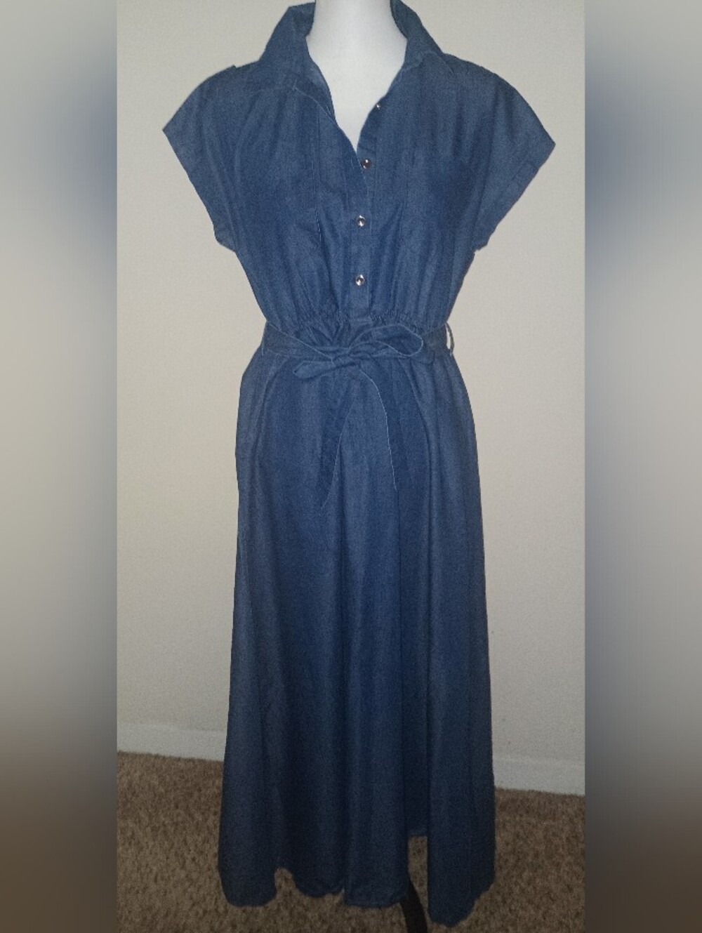 Women’s Navy Blue Button-Front Denim Maxi Dress with Waist Tie